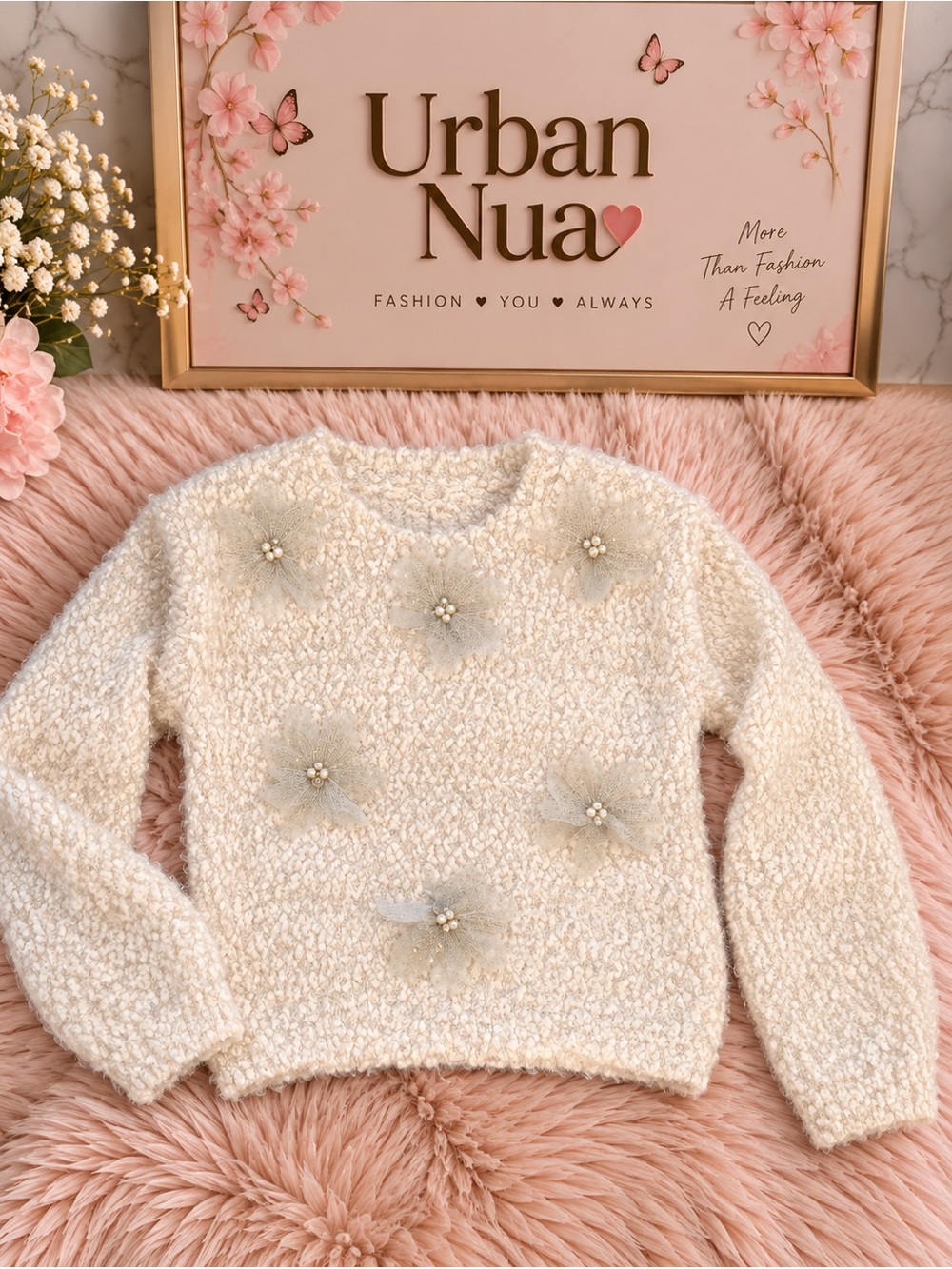 Urban nua Cream Bouclé Sweater with Tulle Flower Appliqués
